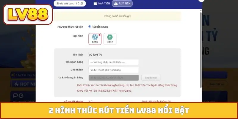 2 hình thức rút tiền LV88 nổi bật
